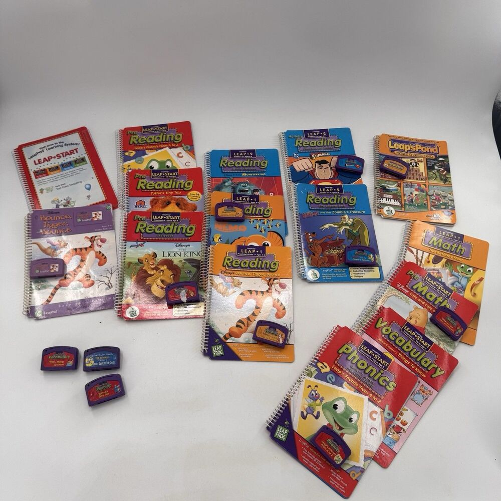 Leap Pad Books &Cartridges 9 Sets + 3 extra cartridges and 5 extra books Pre-3rd
